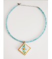 Hand painted ceramic pendant necklace with aquamarine stones